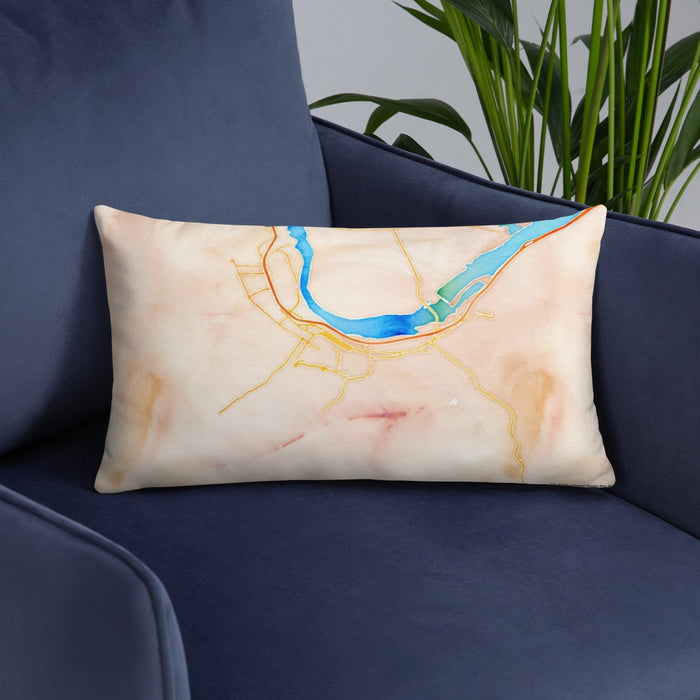 Custom The Dalles Oregon Map Throw Pillow in Watercolor on Blue Colored Chair