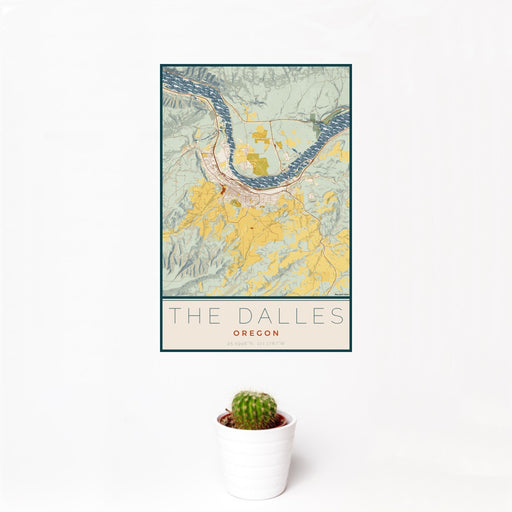 12x18 The Dalles Oregon Map Print Portrait Orientation in Woodblock Style With Small Cactus Plant in White Planter
