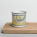 Front View Custom The Dalles Oregon Map Enamel Mug in Woodblock on Cutting Board