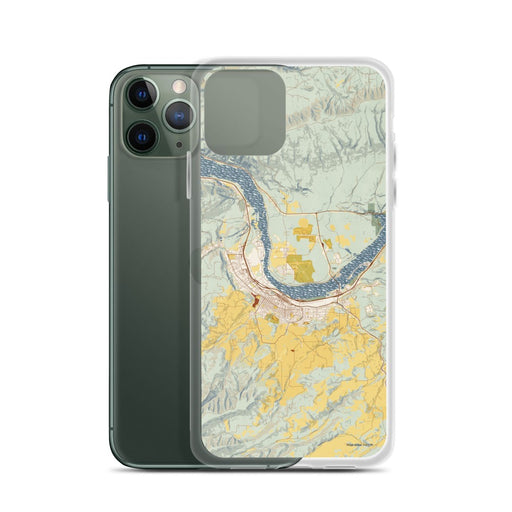 Custom The Dalles Oregon Map Phone Case in Woodblock on Table with Laptop and Plant