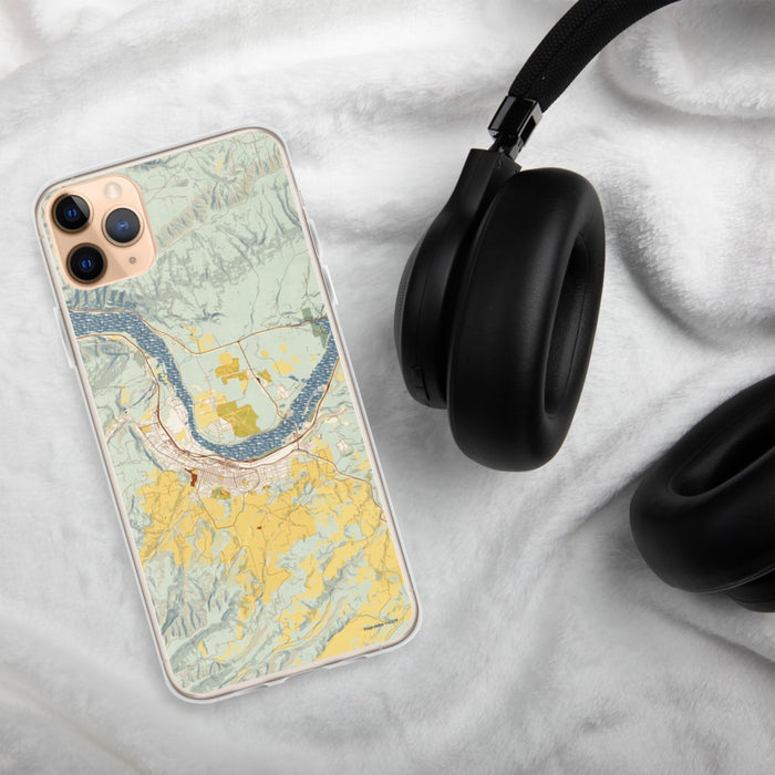 Custom The Dalles Oregon Map Phone Case in Woodblock on Table with Black Headphones