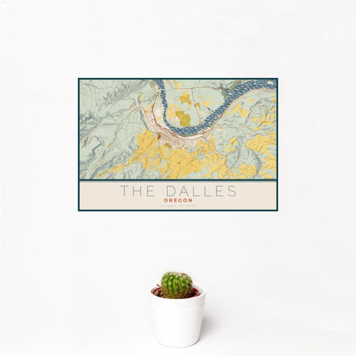 12x18 The Dalles Oregon Map Print Landscape Orientation in Woodblock Style With Small Cactus Plant in White Planter