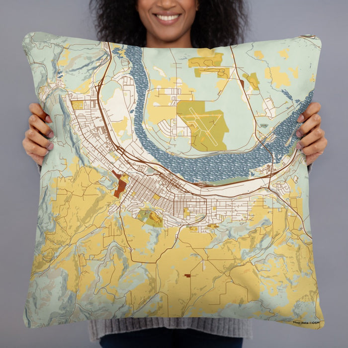 Person holding 22x22 Custom The Dalles Oregon Map Throw Pillow in Woodblock