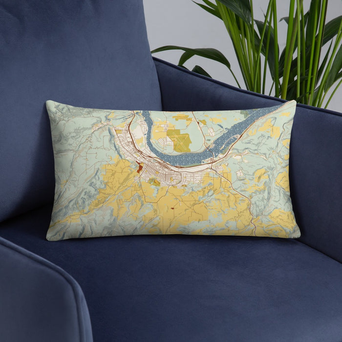 Custom The Dalles Oregon Map Throw Pillow in Woodblock on Blue Colored Chair