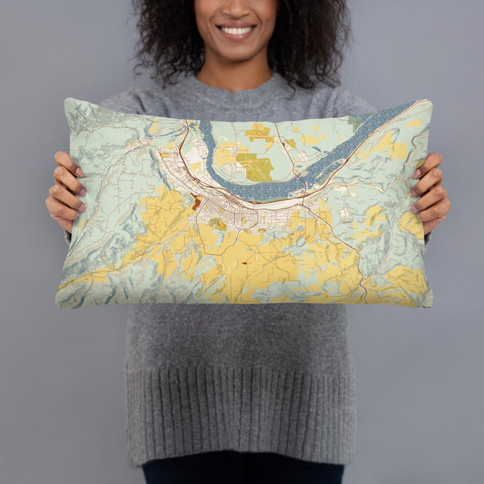 Person holding 20x12 Custom The Dalles Oregon Map Throw Pillow in Woodblock