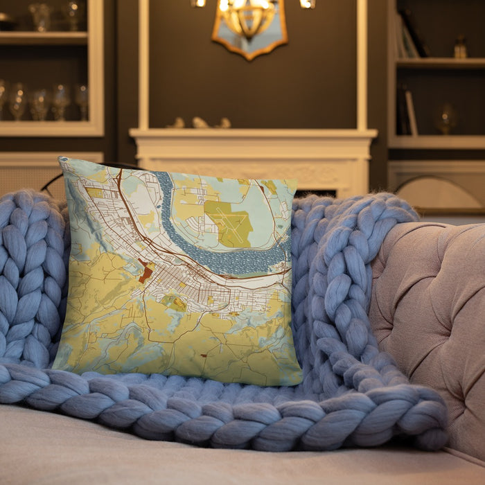 Custom The Dalles Oregon Map Throw Pillow in Woodblock on Cream Colored Couch