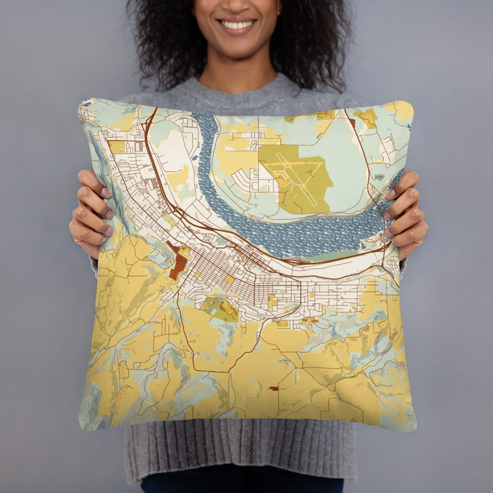 Person holding 18x18 Custom The Dalles Oregon Map Throw Pillow in Woodblock