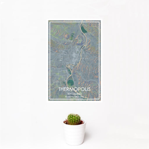 12x18 Thermopolis Wyoming Map Print Portrait Orientation in Afternoon Style With Small Cactus Plant in White Planter