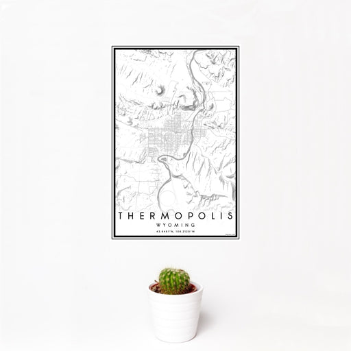 12x18 Thermopolis Wyoming Map Print Portrait Orientation in Classic Style With Small Cactus Plant in White Planter