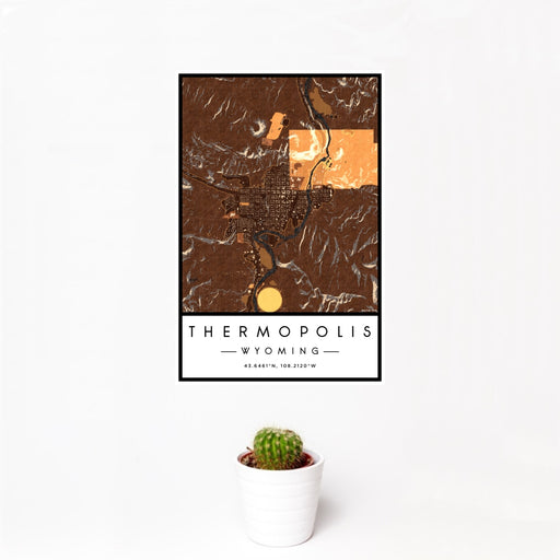 12x18 Thermopolis Wyoming Map Print Portrait Orientation in Ember Style With Small Cactus Plant in White Planter