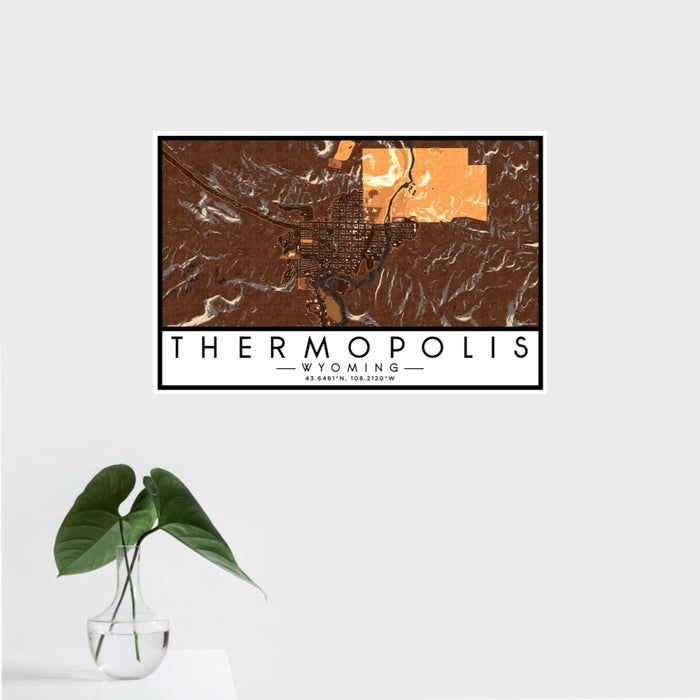 16x24 Thermopolis Wyoming Map Print Landscape Orientation in Ember Style With Tropical Plant Leaves in Water