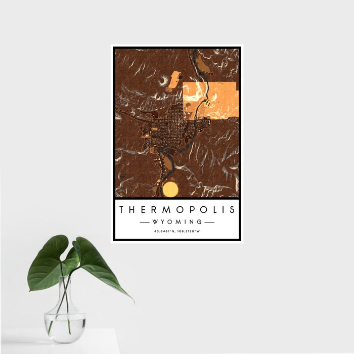 16x24 Thermopolis Wyoming Map Print Portrait Orientation in Ember Style With Tropical Plant Leaves in Water