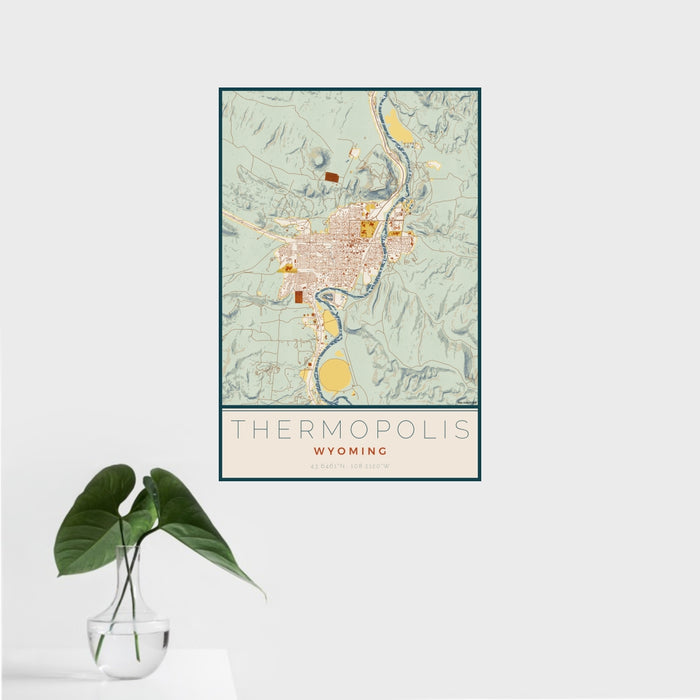 16x24 Thermopolis Wyoming Map Print Portrait Orientation in Woodblock Style With Tropical Plant Leaves in Water