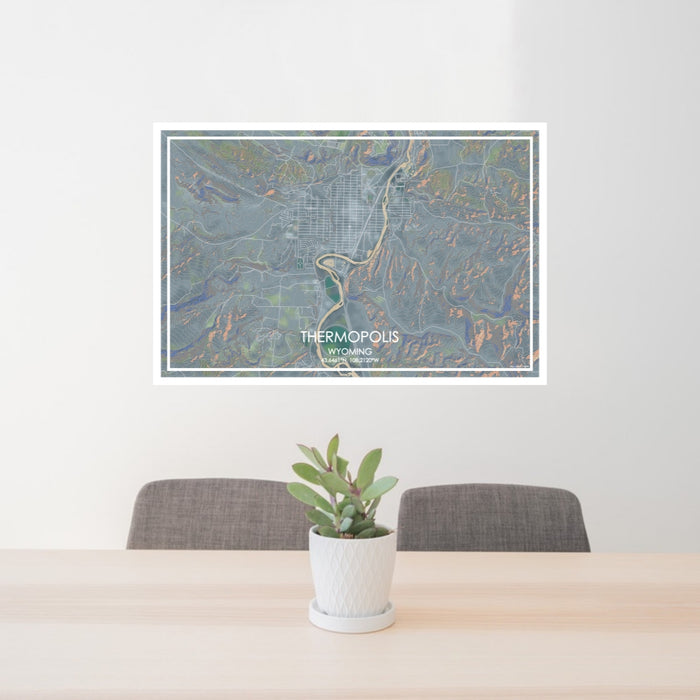 24x36 Thermopolis Wyoming Map Print Lanscape Orientation in Afternoon Style Behind 2 Chairs Table and Potted Plant