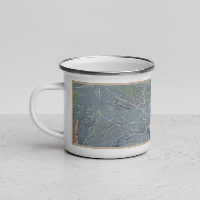 Left View Custom Thermopolis Wyoming Map Enamel Mug in Afternoon