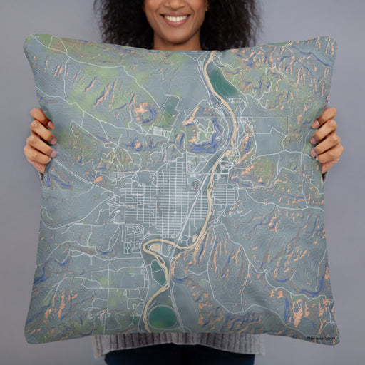 Person holding 22x22 Custom Thermopolis Wyoming Map Throw Pillow in Afternoon