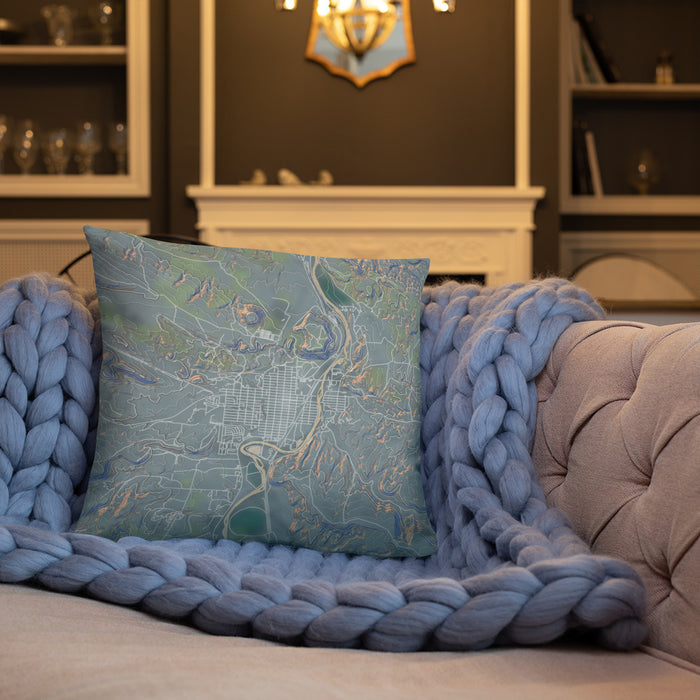 Custom Thermopolis Wyoming Map Throw Pillow in Afternoon on Cream Colored Couch