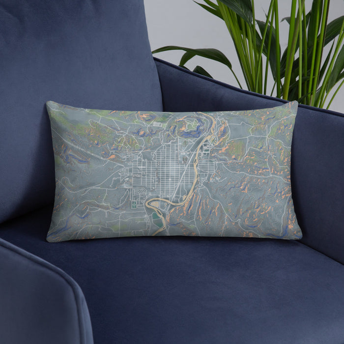 Custom Thermopolis Wyoming Map Throw Pillow in Afternoon on Blue Colored Chair