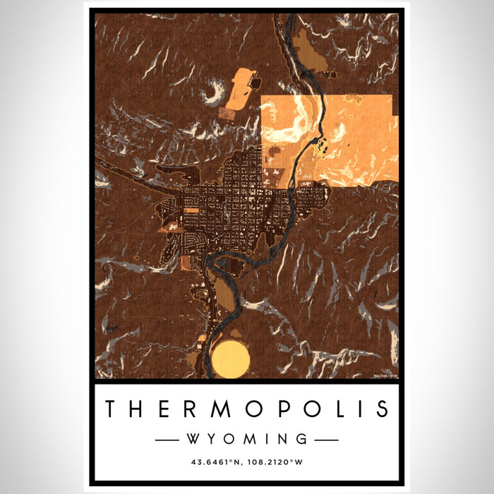 Thermopolis Wyoming Map Print Portrait Orientation in Ember Style With Shaded Background