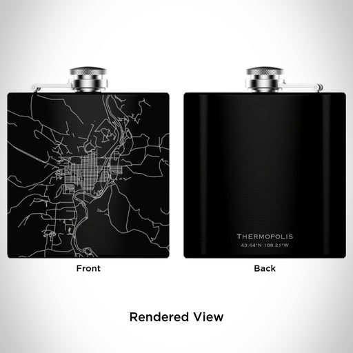 Rendered View of Thermopolis Wyoming Map Engraving on 6oz Stainless Steel Flask in Black