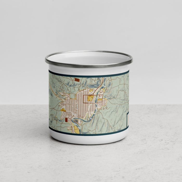 Front View Custom Thermopolis Wyoming Map Enamel Mug in Woodblock