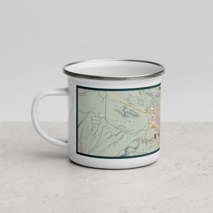 Left View Custom Thermopolis Wyoming Map Enamel Mug in Woodblock