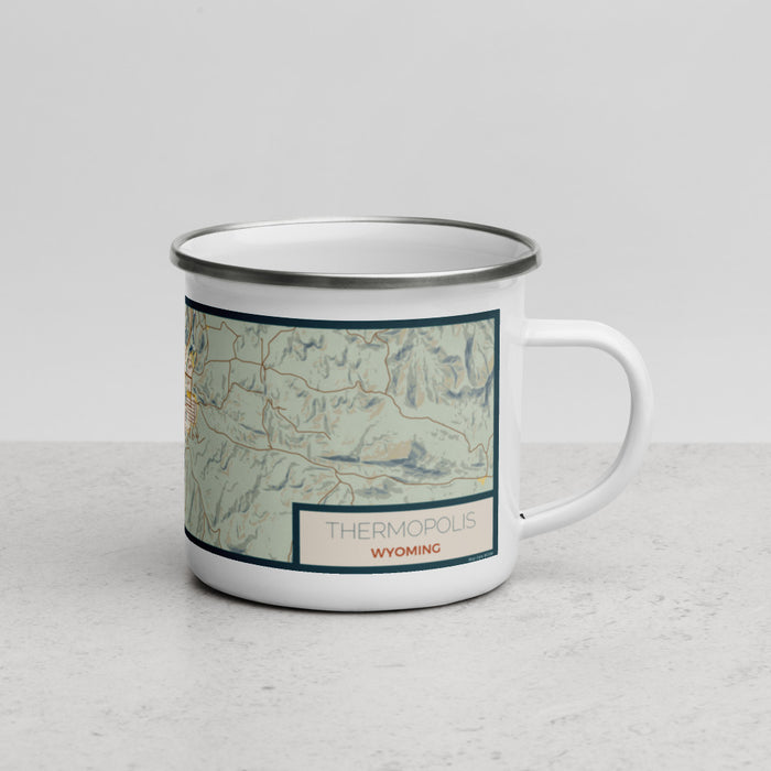 Right View Custom Thermopolis Wyoming Map Enamel Mug in Woodblock