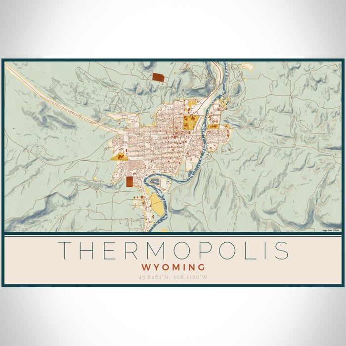 Thermopolis Wyoming Map Print Landscape Orientation in Woodblock Style With Shaded Background