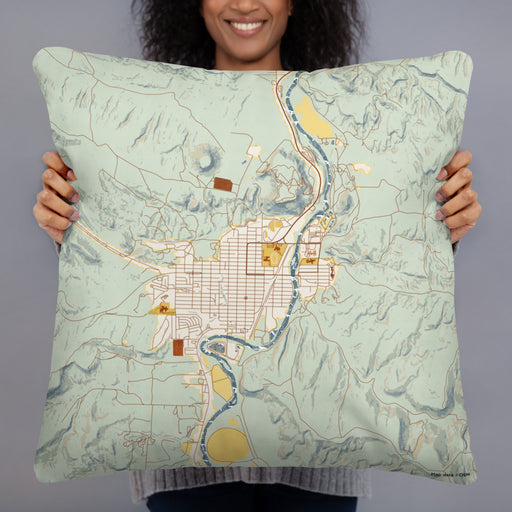 Person holding 22x22 Custom Thermopolis Wyoming Map Throw Pillow in Woodblock