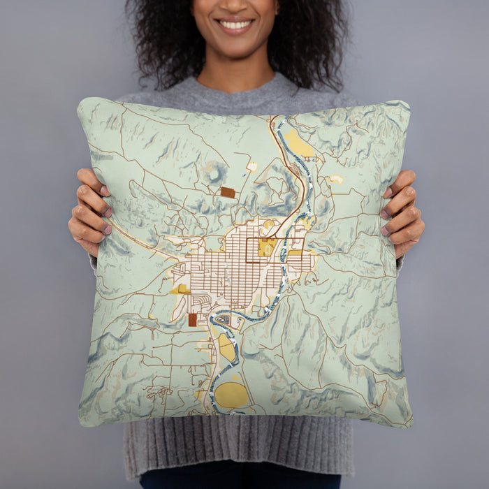 Person holding 18x18 Custom Thermopolis Wyoming Map Throw Pillow in Woodblock