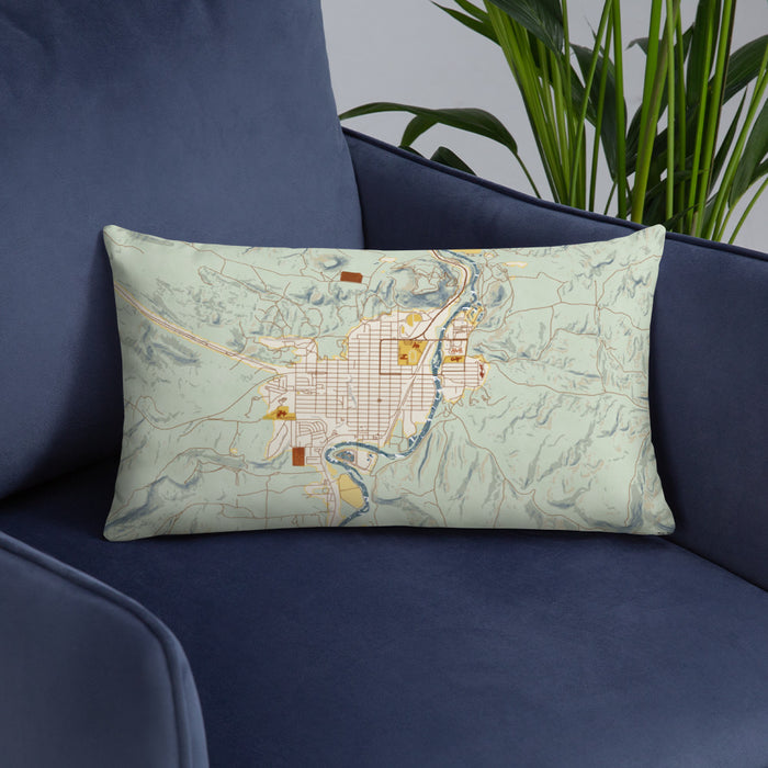 Custom Thermopolis Wyoming Map Throw Pillow in Woodblock on Blue Colored Chair