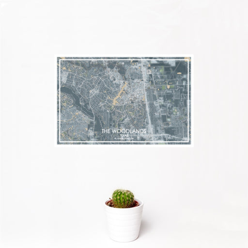 12x18 The Woodlands Texas Map Print Landscape Orientation in Afternoon Style With Small Cactus Plant in White Planter