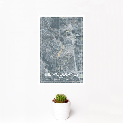 12x18 The Woodlands Texas Map Print Portrait Orientation in Afternoon Style With Small Cactus Plant in White Planter