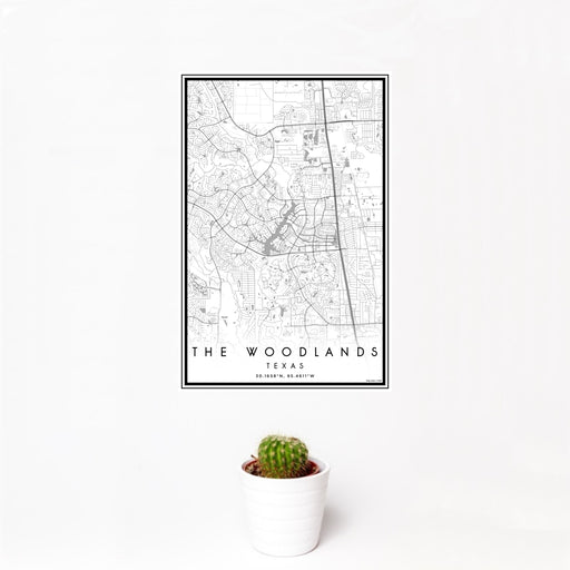 12x18 The Woodlands Texas Map Print Portrait Orientation in Classic Style With Small Cactus Plant in White Planter