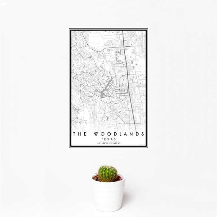 12x18 The Woodlands Texas Map Print Portrait Orientation in Classic Style With Small Cactus Plant in White Planter