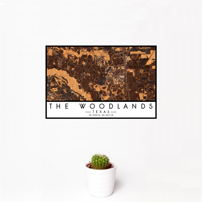 12x18 The Woodlands Texas Map Print Landscape Orientation in Ember Style With Small Cactus Plant in White Planter