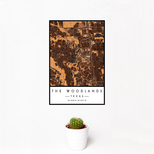 12x18 The Woodlands Texas Map Print Portrait Orientation in Ember Style With Small Cactus Plant in White Planter