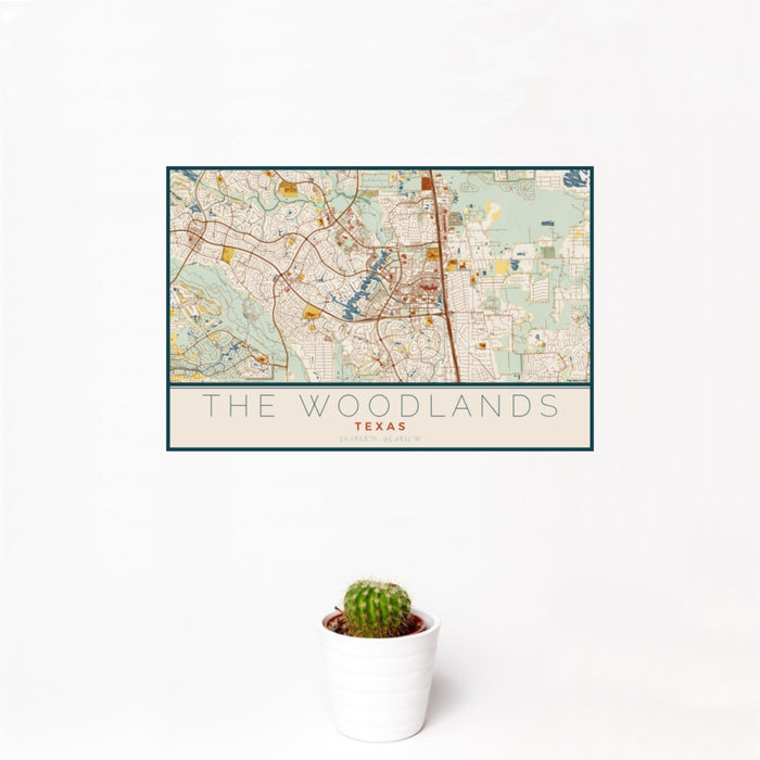12x18 The Woodlands Texas Map Print Landscape Orientation in Woodblock Style With Small Cactus Plant in White Planter