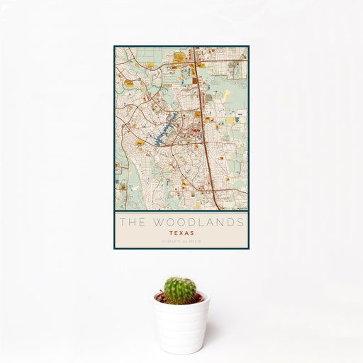 12x18 The Woodlands Texas Map Print Portrait Orientation in Woodblock Style With Small Cactus Plant in White Planter