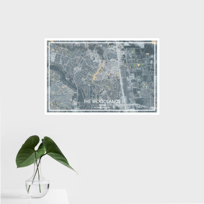 16x24 The Woodlands Texas Map Print Landscape Orientation in Afternoon Style With Tropical Plant Leaves in Water