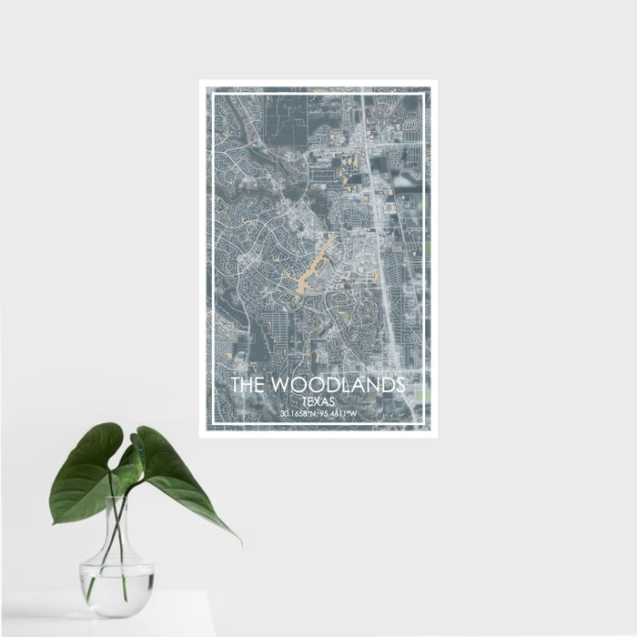 16x24 The Woodlands Texas Map Print Portrait Orientation in Afternoon Style With Tropical Plant Leaves in Water