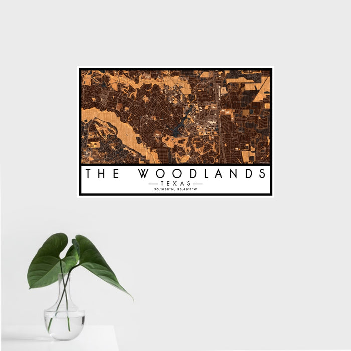 16x24 The Woodlands Texas Map Print Landscape Orientation in Ember Style With Tropical Plant Leaves in Water