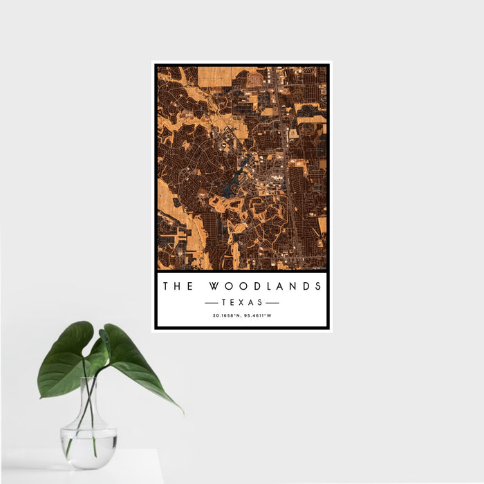 16x24 The Woodlands Texas Map Print Portrait Orientation in Ember Style With Tropical Plant Leaves in Water