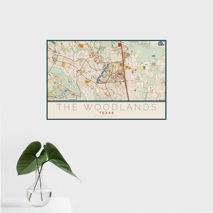 16x24 The Woodlands Texas Map Print Landscape Orientation in Woodblock Style With Tropical Plant Leaves in Water