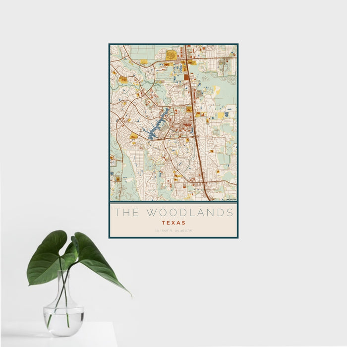 16x24 The Woodlands Texas Map Print Portrait Orientation in Woodblock Style With Tropical Plant Leaves in Water
