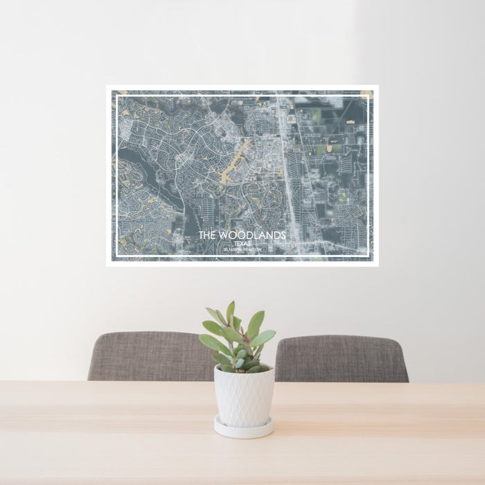 24x36 The Woodlands Texas Map Print Lanscape Orientation in Afternoon Style Behind 2 Chairs Table and Potted Plant