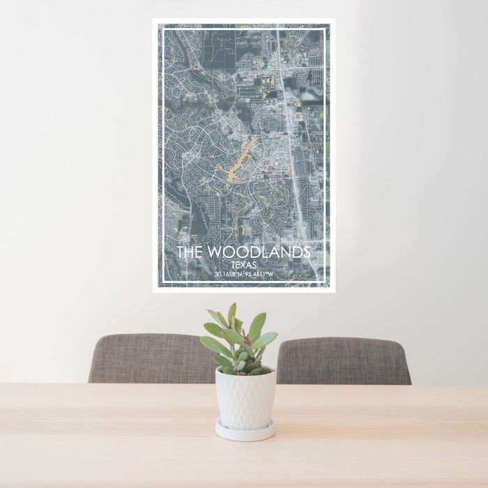 24x36 The Woodlands Texas Map Print Portrait Orientation in Afternoon Style Behind 2 Chairs Table and Potted Plant