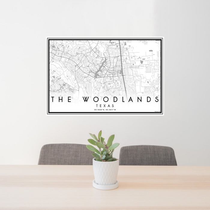 24x36 The Woodlands Texas Map Print Lanscape Orientation in Classic Style Behind 2 Chairs Table and Potted Plant