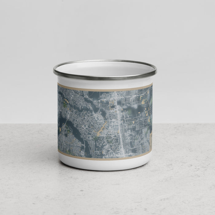 Front View Custom The Woodlands Texas Map Enamel Mug in Afternoon