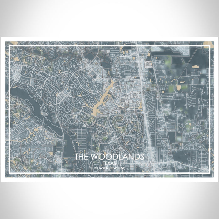 The Woodlands Texas Map Print Landscape Orientation in Afternoon Style With Shaded Background